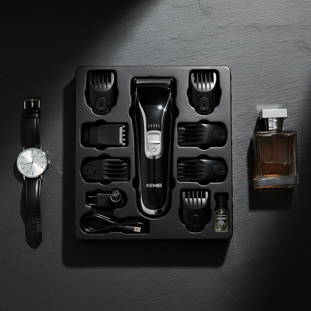 Kemei 6-in-1 Pro Grooming Kit flat-lay with attachments on dark surface